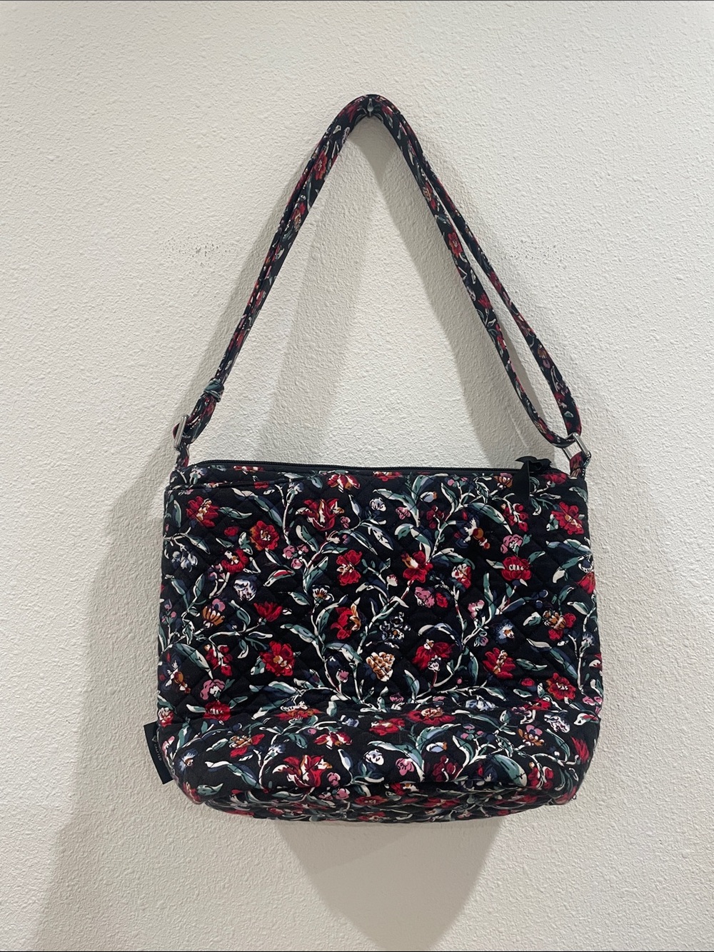 Vera Bradley Black Quilted Shoulder Bag with Red Floral Print
